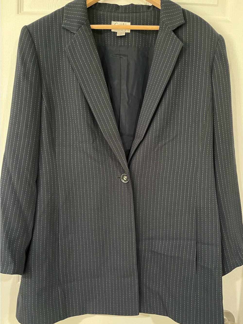 Emily women’s blazer/trouser, size 14, black pinstripe, lined.